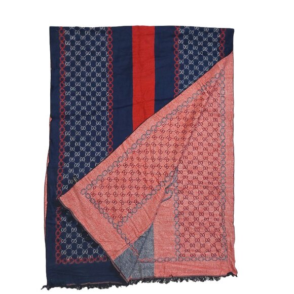Gucci Vintage Red & Blue Stripe Monogram Shawl Wrap Scarf - Picture 3 of 10